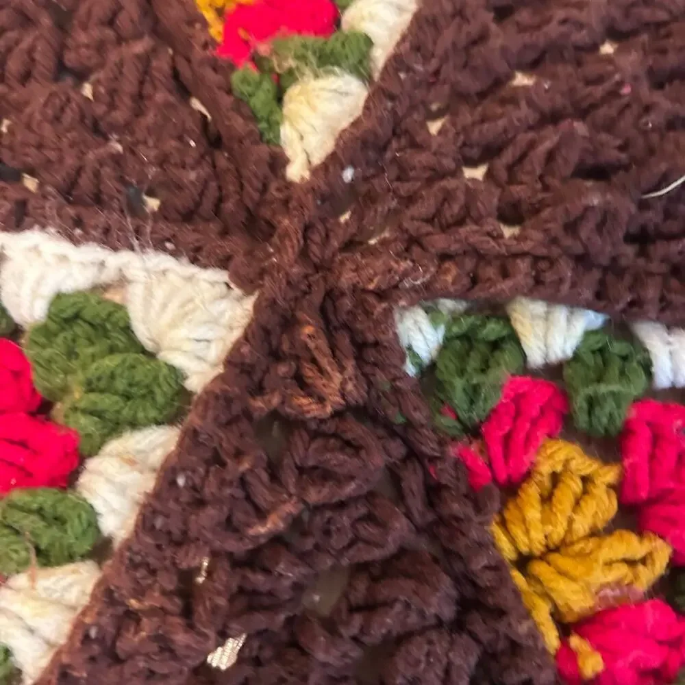 Vintage Hand Crocheted Brown Floral Basket Granny Square Afghan Throw 46x77